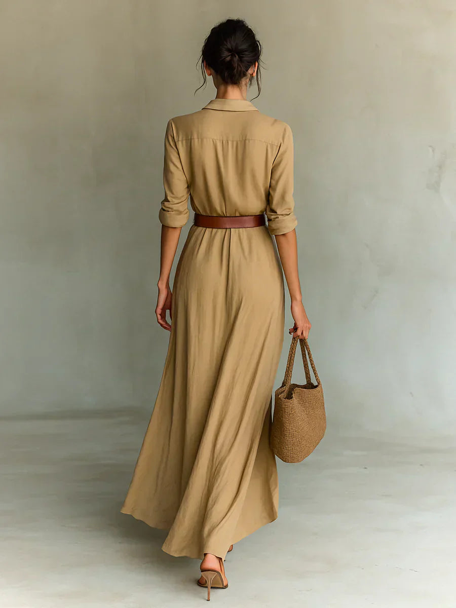 Camille™ | Robe maxi avec revers et ceinture à la taille