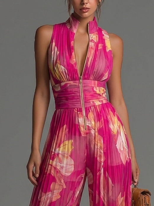 Nicole | Combinaison plissée en mousseline à imprimé floral fuchsia