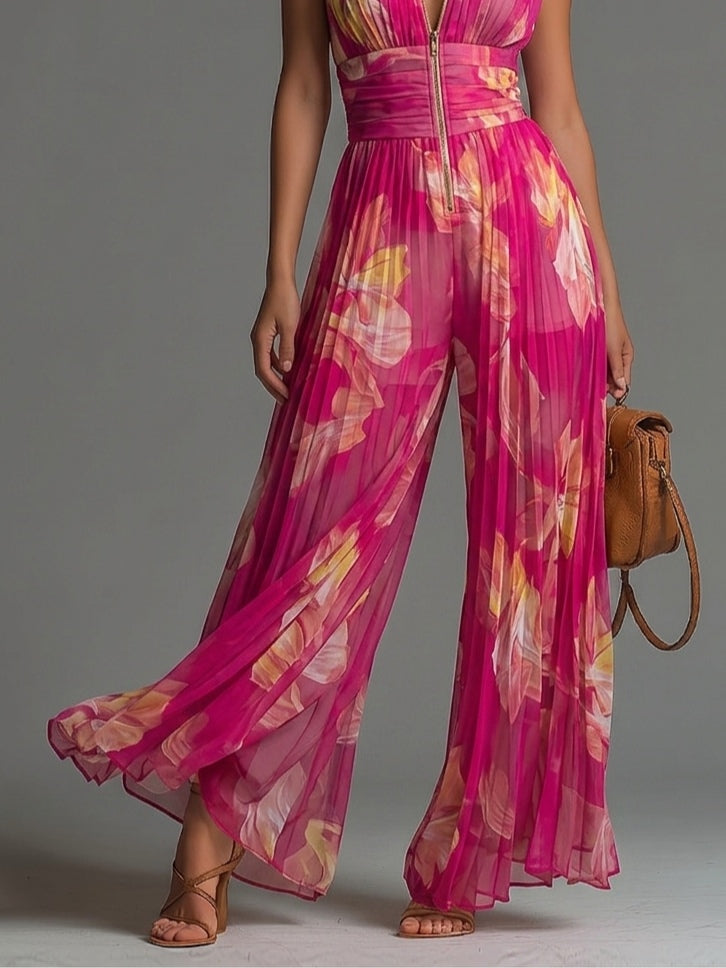 Nicole | Combinaison plissée en mousseline à imprimé floral fuchsia