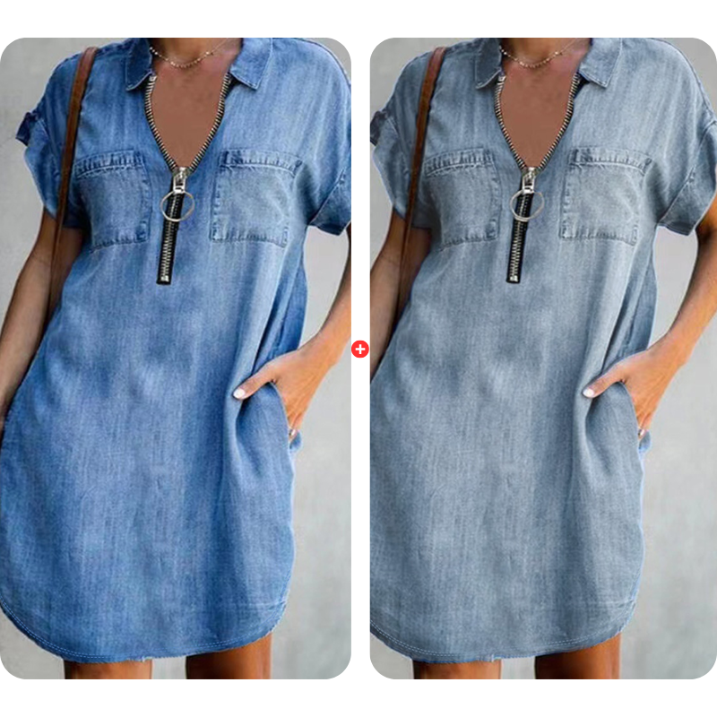 ⌛Offre à durée limitée – Robe-chemise décontractée en jean pour femme, coupe ample, revers, manches courtes, fermeture éclair et poches