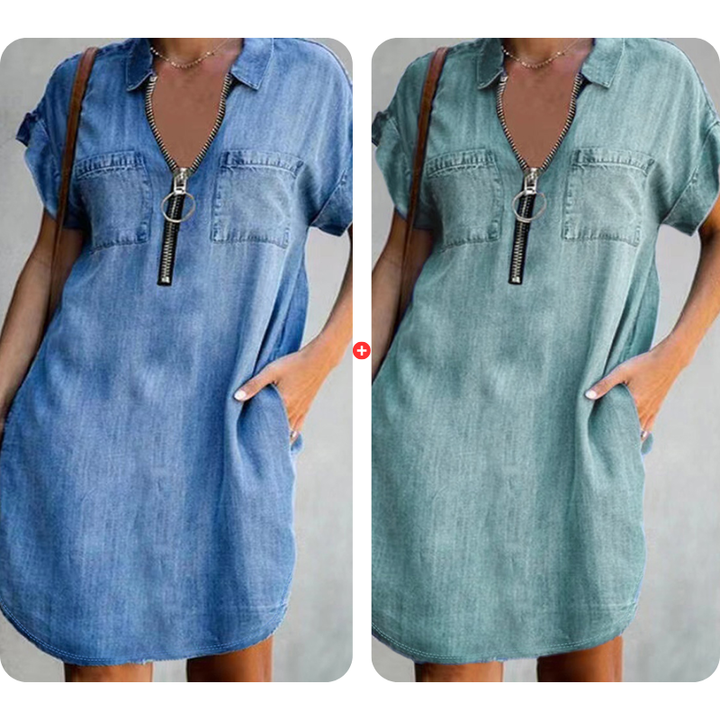 ⌛Offre à durée limitée – Robe-chemise décontractée en jean pour femme, coupe ample, revers, manches courtes, fermeture éclair et poches
