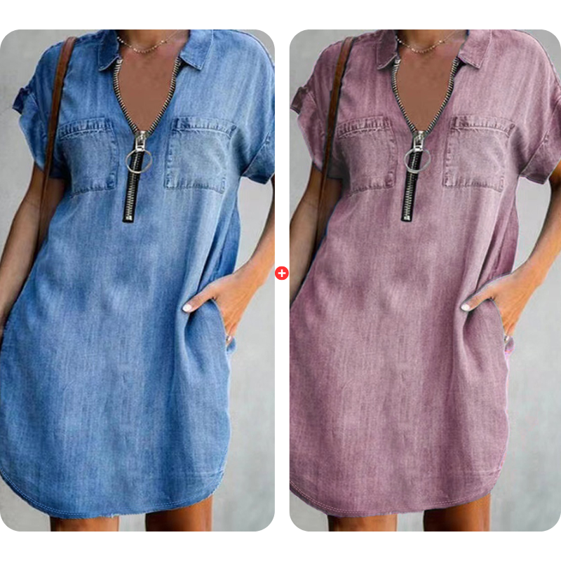 ⌛Offre à durée limitée – Robe-chemise décontractée en jean pour femme, coupe ample, revers, manches courtes, fermeture éclair et poches