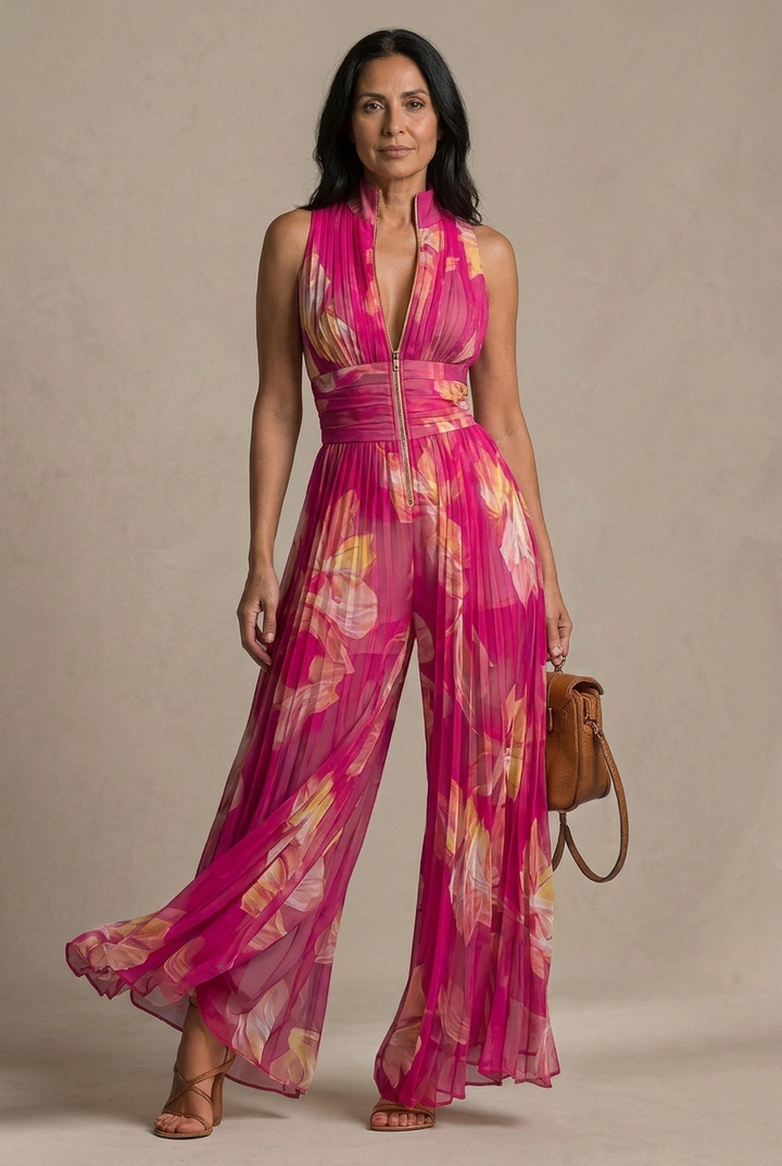 Nicole | Combinaison plissée en mousseline à imprimé floral fuchsia