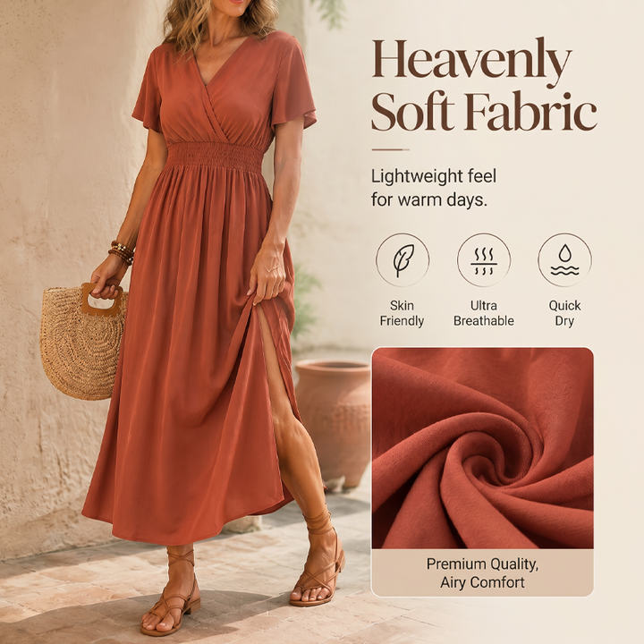 Robe longue d'été femme à col V avec fente latérale