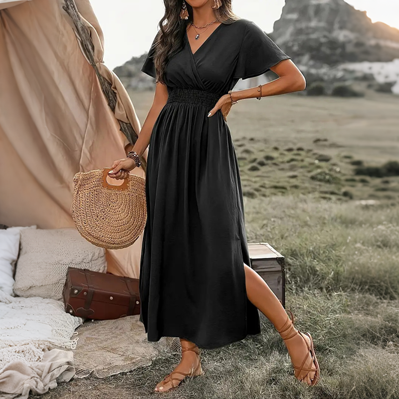 Robe longue d'été femme à col V avec fente latérale