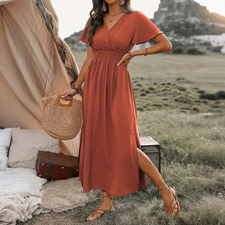 Robe longue d'été femme à col V avec fente latérale