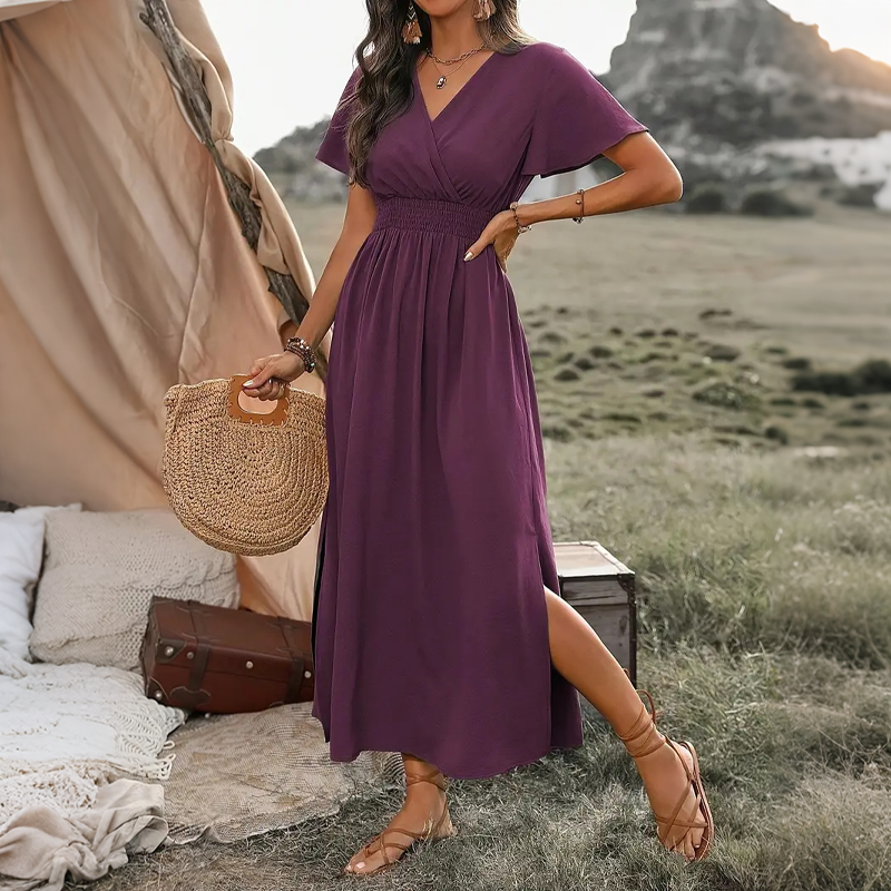 Robe longue d'été femme à col V avec fente latérale