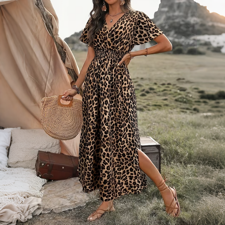 Robe longue d'été femme à col V avec fente latérale