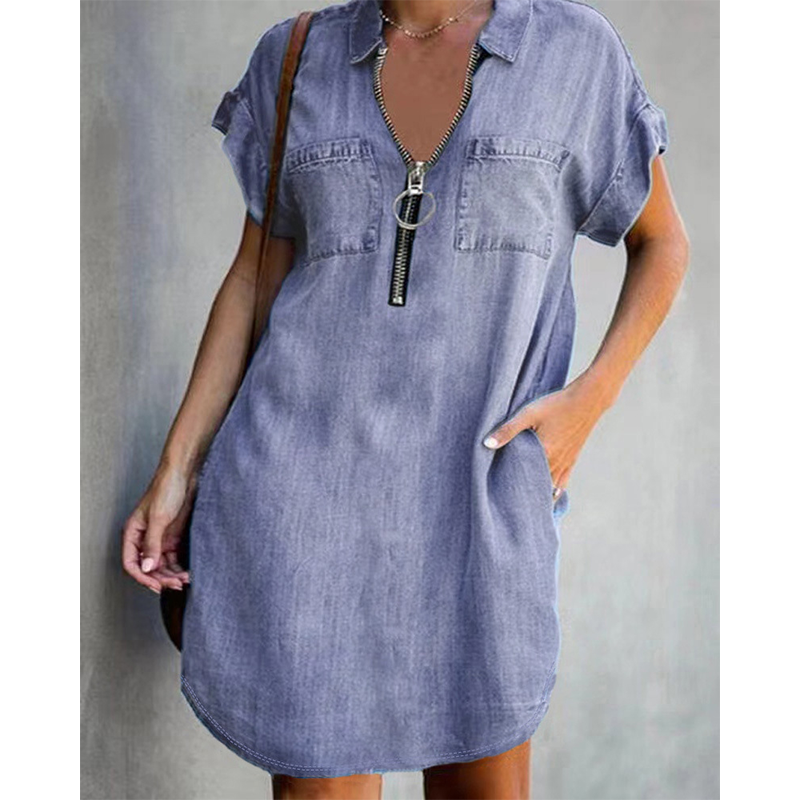 ⌛Offre à durée limitée – Robe-chemise décontractée en jean pour femme, coupe ample, revers, manches courtes, fermeture éclair et poches