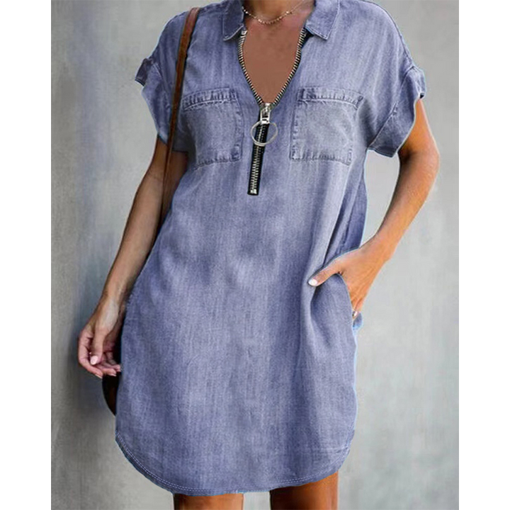 ⌛Offre à durée limitée – Robe-chemise décontractée en jean pour femme, coupe ample, revers, manches courtes, fermeture éclair et poches