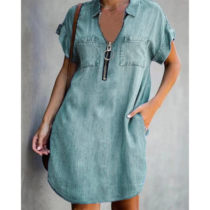 ⌛Offre à durée limitée – Robe-chemise décontractée en jean pour femme, coupe ample, revers, manches courtes, fermeture éclair et poches