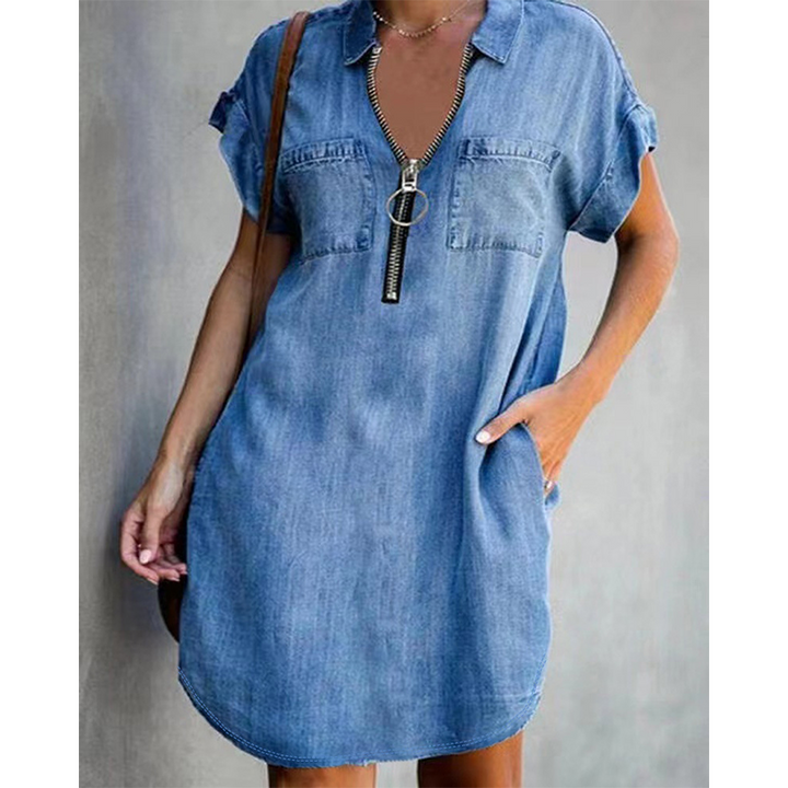 ⌛Offre à durée limitée – Robe-chemise décontractée en jean pour femme, coupe ample, revers, manches courtes, fermeture éclair et poches