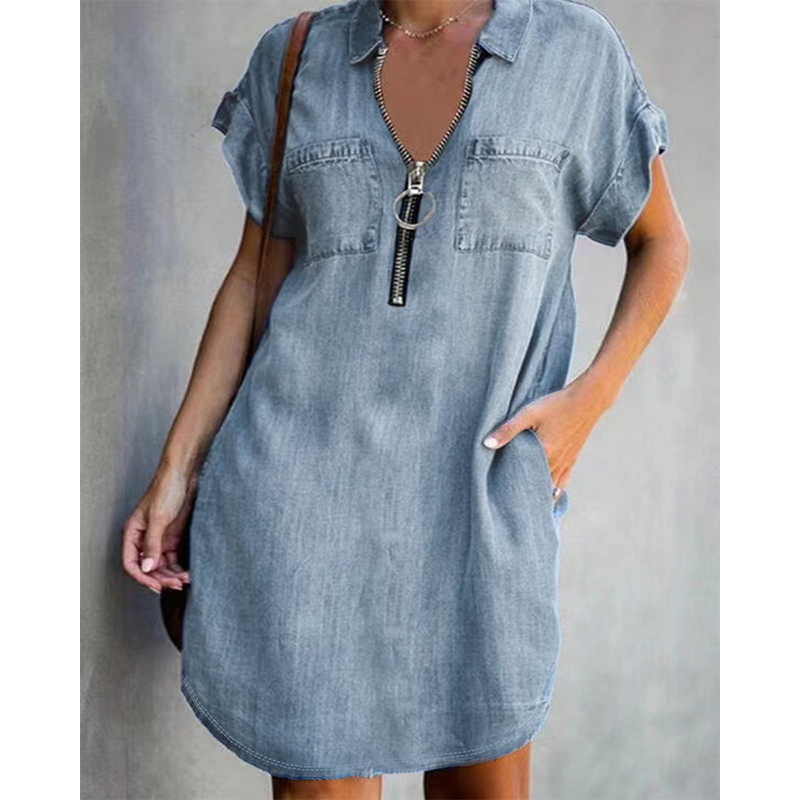 ⌛Offre à durée limitée – Robe-chemise décontractée en jean pour femme, coupe ample, revers, manches courtes, fermeture éclair et poches