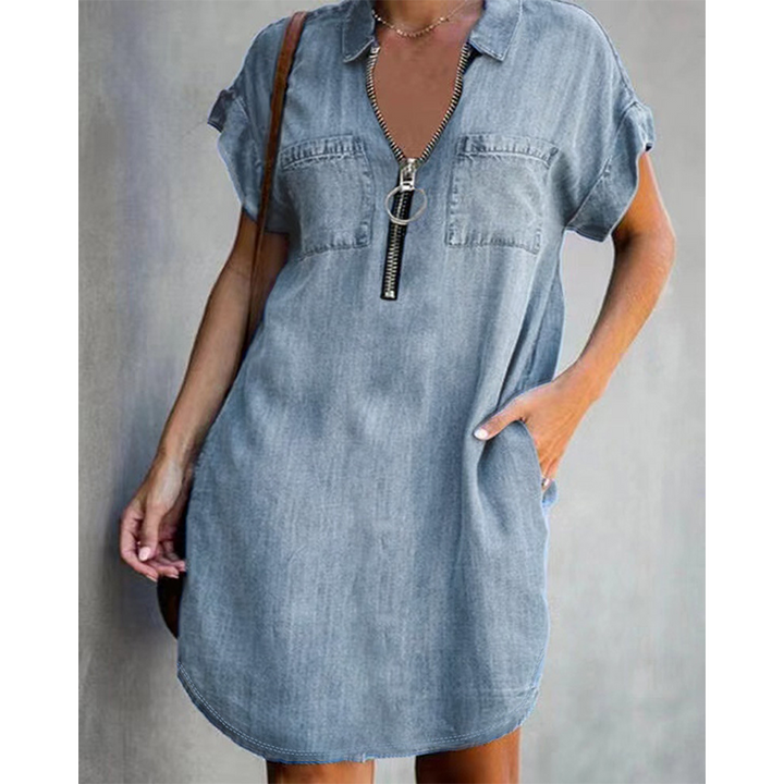 ⌛Offre à durée limitée – Robe-chemise décontractée en jean pour femme, coupe ample, revers, manches courtes, fermeture éclair et poches
