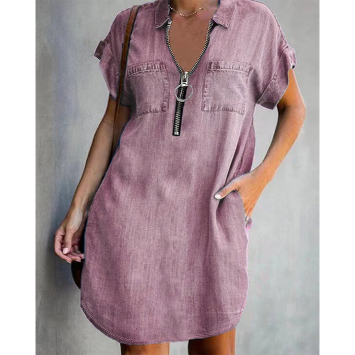⌛Offre à durée limitée – Robe-chemise décontractée en jean pour femme, coupe ample, revers, manches courtes, fermeture éclair et poches